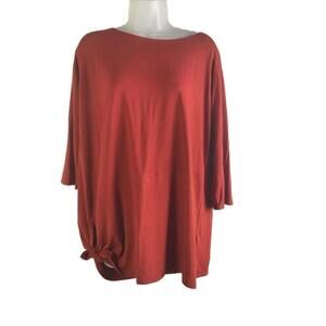 Eileen Fisher Shirt Medium Tee T-Shirt Orange Asymmetrical 3/4 Sleeve Boatneck